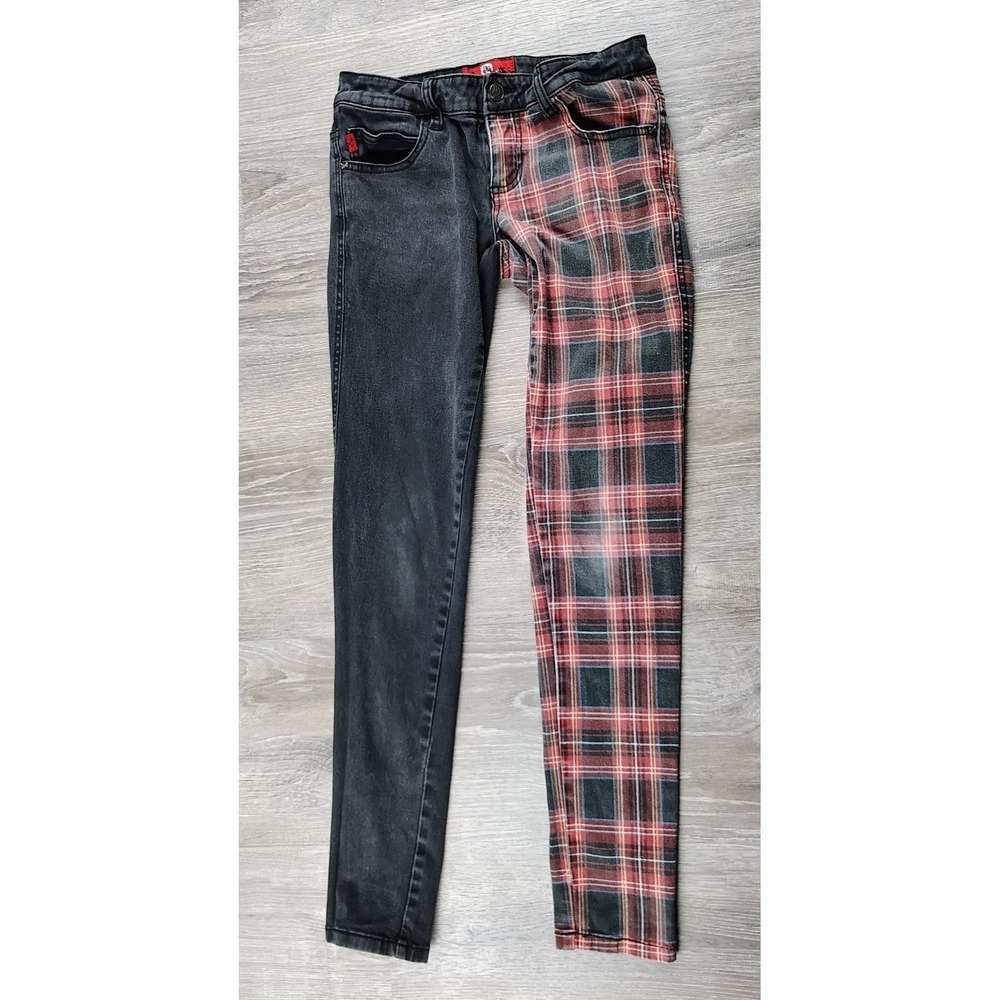 Royal Bones Daang Goodman‎ Jrs 5 Low Rise Split Black Plaid Skinny Jeans Punk